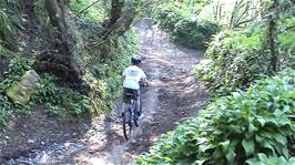 Louis successfully negotiates the lower reaches of Corkscrew Hill, Tuckenhay